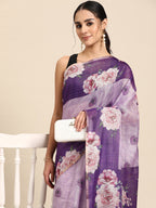 Lavender Cotton Blend Digital Print Floral Saree with Unstitched Blouse - Hiral Fashion | Grocsy