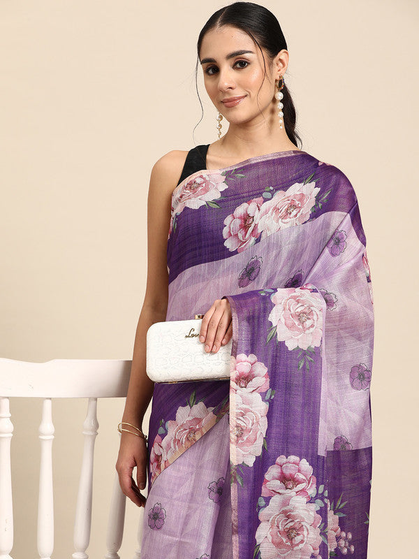 Lavender Cotton Blend Digital Print Floral Saree with Unstitched Blouse - Hiral Fashion | Grocsy