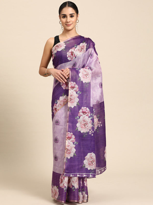 Lavender Cotton Blend Digital Print Floral Saree with Unstitched Blouse - Hiral Fashion | Grocsy