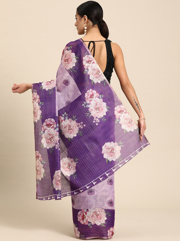 Lavender Cotton Blend Digital Print Floral Saree with Unstitched Blouse - Hiral Fashion | Grocsy