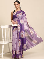 Lavender Cotton Blend Digital Print Floral Saree with Unstitched Blouse - Hiral Fashion | Grocsy