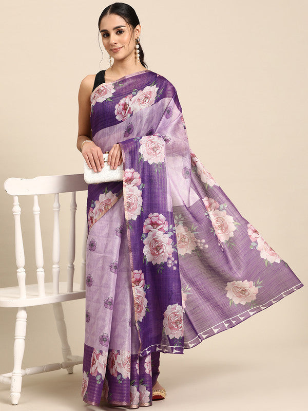 Lavender Cotton Blend Digital Print Floral Saree with Unstitched Blouse - Hiral Fashion | Grocsy