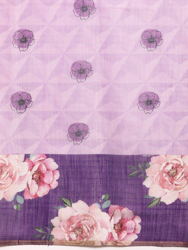 Lavender Cotton Blend Digital Print Floral Saree with Unstitched Blouse - Hiral Fashion | Grocsy