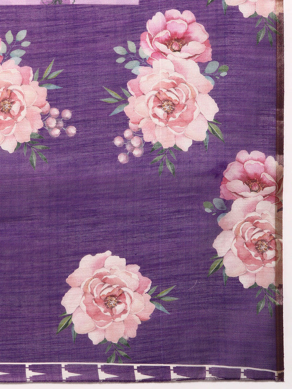 Lavender Cotton Blend Digital Print Floral Saree with Unstitched Blouse - Hiral Fashion | Grocsy