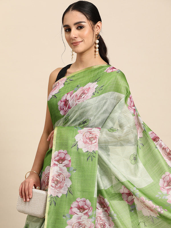 Olive Cotton Blend Digital Print Floral Saree with Unstitched Blouse - Hiral Fashion | Grocsy