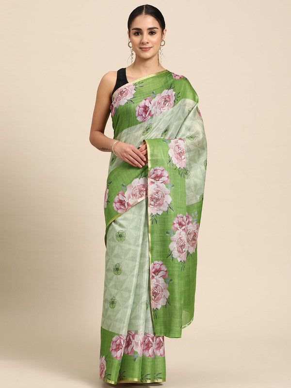 Olive Cotton Blend Digital Print Floral Saree with Unstitched Blouse - Hiral Fashion | Grocsy