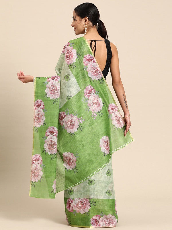 Olive Cotton Blend Digital Print Floral Saree with Unstitched Blouse - Hiral Fashion | Grocsy