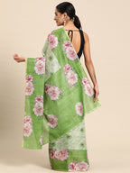 Olive Cotton Blend Digital Print Floral Saree with Unstitched Blouse - Hiral Fashion | Grocsy