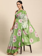 Olive Cotton Blend Digital Print Floral Saree with Unstitched Blouse - Hiral Fashion | Grocsy