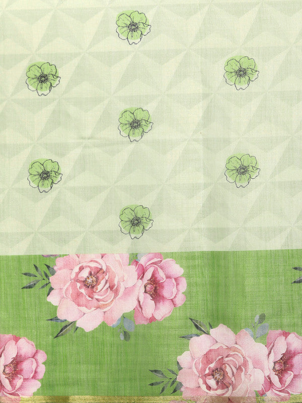 Olive Cotton Blend Digital Print Floral Saree with Unstitched Blouse - Hiral Fashion | Grocsy