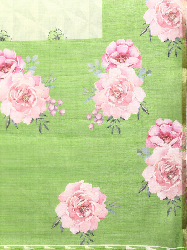 Olive Cotton Blend Digital Print Floral Saree with Unstitched Blouse - Hiral Fashion | Grocsy