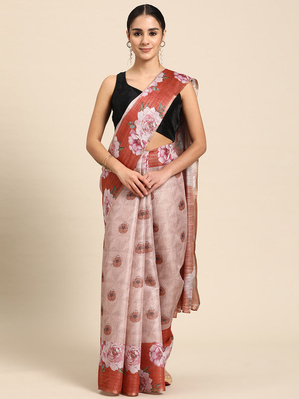 Peach Cotton Blend Digital Print Floral Saree with Unstitched Blouse - Hiral Fashion | Grocsy