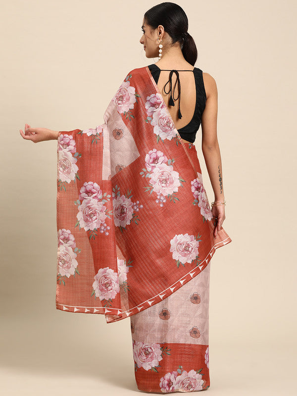 Peach Cotton Blend Digital Print Floral Saree with Unstitched Blouse - Hiral Fashion | Grocsy