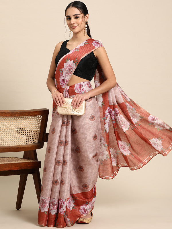 Peach Cotton Blend Digital Print Floral Saree with Unstitched Blouse - Hiral Fashion | Grocsy