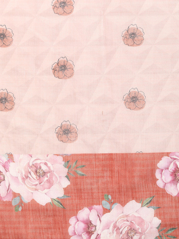 Peach Cotton Blend Digital Print Floral Saree with Unstitched Blouse - Hiral Fashion | Grocsy