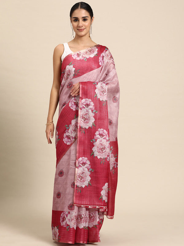 Pink Cotton Blend Digital Print Floral Saree with Unstitched Blouse - Hiral Fashion | Grocsy