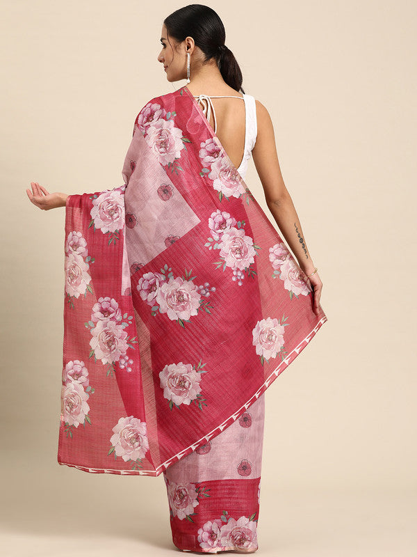 Pink Cotton Blend Digital Print Floral Saree with Unstitched Blouse - Hiral Fashion | Grocsy