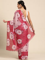 Pink Cotton Blend Digital Print Floral Saree with Unstitched Blouse - Hiral Fashion | Grocsy