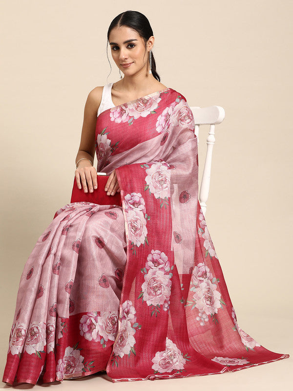 Pink Cotton Blend Digital Print Floral Saree with Unstitched Blouse - Hiral Fashion | Grocsy