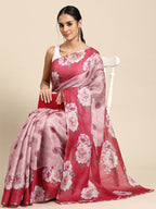Pink Cotton Blend Digital Print Floral Saree with Unstitched Blouse - Hiral Fashion | Grocsy
