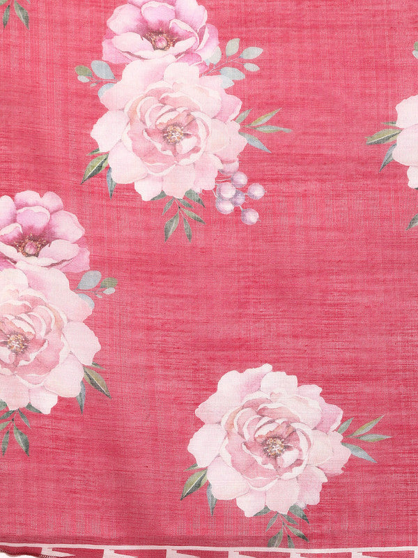 Pink Cotton Blend Digital Print Floral Saree with Unstitched Blouse - Hiral Fashion | Grocsy