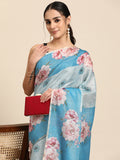 Turquoise Cotton Blend Digital Print Floral Saree with Unstitched Blouse - Hiral Fashion | Grocsy
