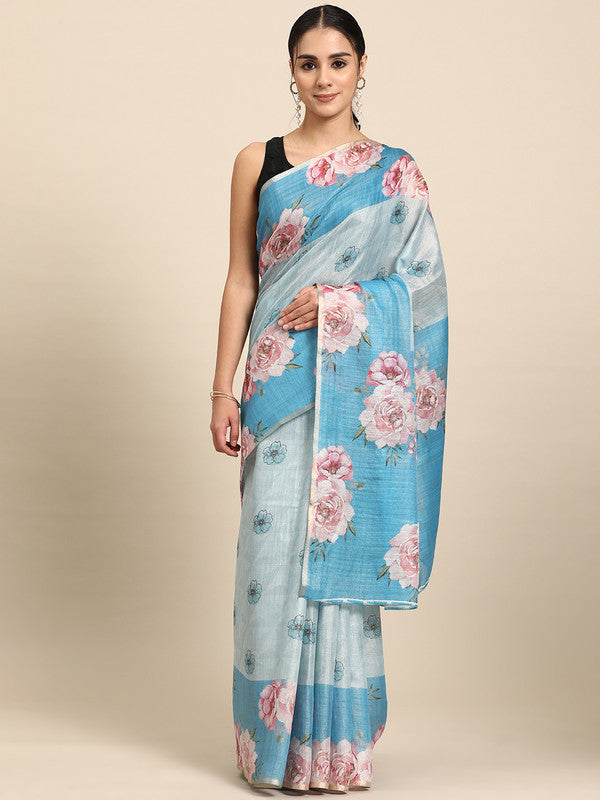 Turquoise Cotton Blend Digital Print Floral Saree with Unstitched Blouse - Hiral Fashion | Grocsy