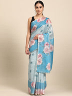 Turquoise Cotton Blend Digital Print Floral Saree with Unstitched Blouse - Hiral Fashion | Grocsy