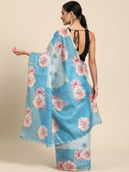 Turquoise Cotton Blend Digital Print Floral Saree with Unstitched Blouse - Hiral Fashion | Grocsy