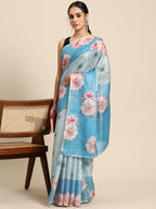 Turquoise Cotton Blend Digital Print Floral Saree with Unstitched Blouse - Hiral Fashion | Grocsy
