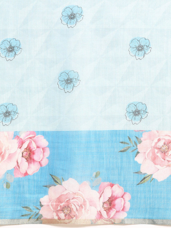 Turquoise Cotton Blend Digital Print Floral Saree with Unstitched Blouse - Hiral Fashion | Grocsy