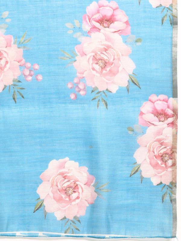 Turquoise Cotton Blend Digital Print Floral Saree with Unstitched Blouse - Hiral Fashion | Grocsy
