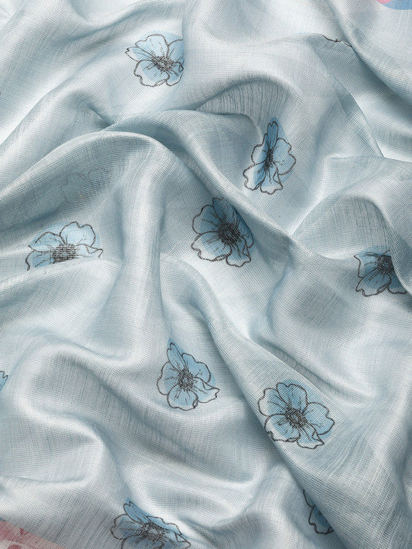 Turquoise Cotton Blend Digital Print Floral Saree with Unstitched Blouse - Hiral Fashion | Grocsy