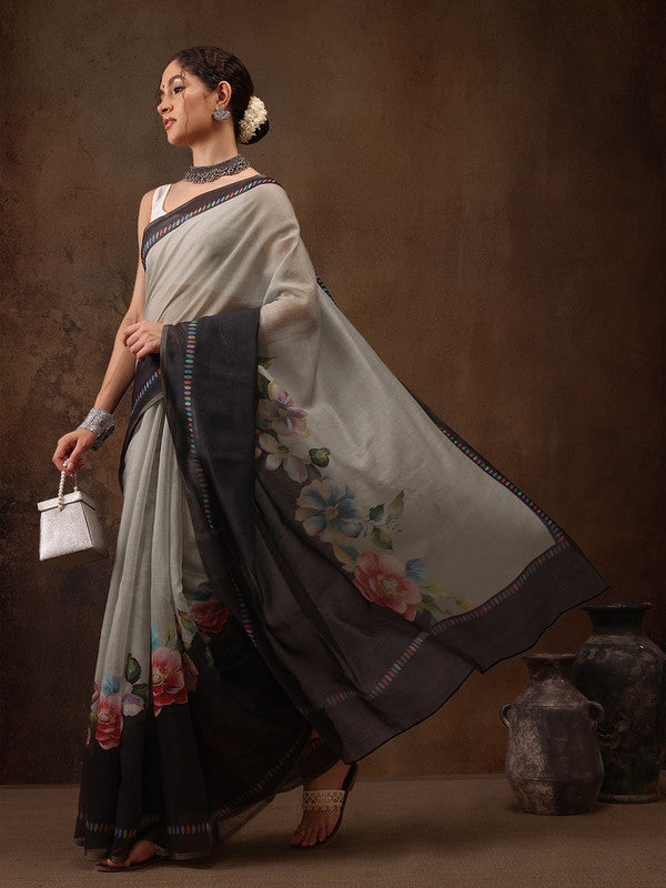 Gray Cotton Blend Digital Print Floral Saree with Unstitched Blouse - Hiral Fashion | Grocsy