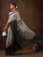 Gray Cotton Blend Digital Print Floral Saree with Unstitched Blouse - Hiral Fashion | Grocsy