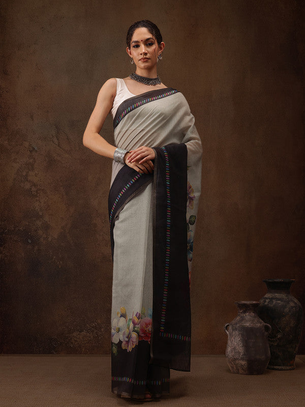 Gray Cotton Blend Digital Print Floral Saree with Unstitched Blouse - Hiral Fashion | Grocsy