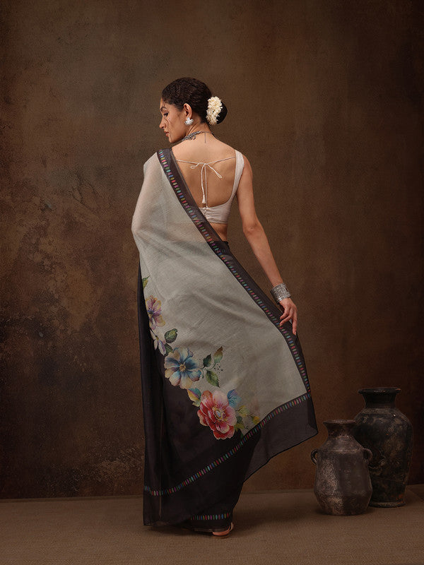 Gray Cotton Blend Digital Print Floral Saree with Unstitched Blouse - Hiral Fashion | Grocsy