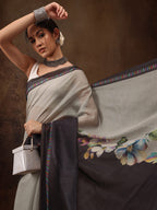 Gray Cotton Blend Digital Print Floral Saree with Unstitched Blouse - Hiral Fashion | Grocsy
