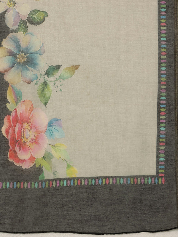 Gray Cotton Blend Digital Print Floral Saree with Unstitched Blouse - Hiral Fashion | Grocsy