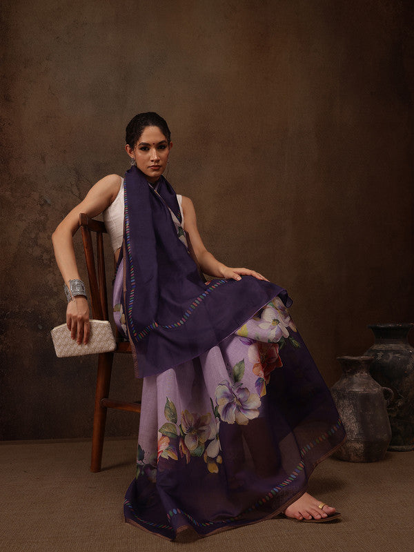 Lavender Cotton Blend Digital Print Floral Saree with Unstitched Blouse - Hiral Fashion | Grocsy