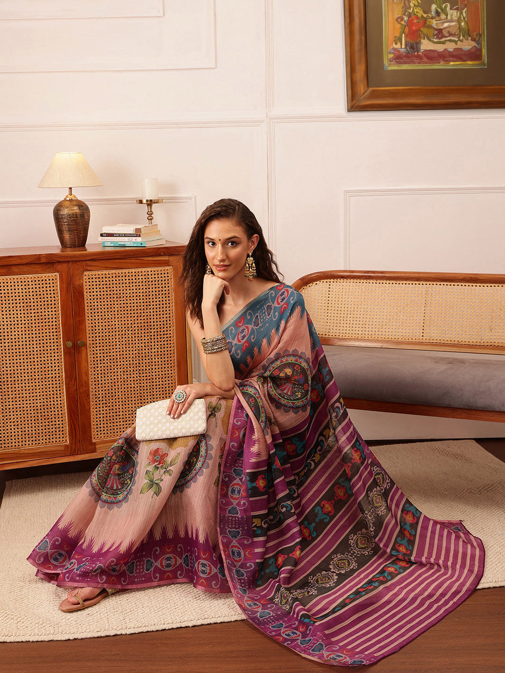 Hiral Fashion Beige Banarasi Silk Cotton Floral Digital Print Saree | Grocsy