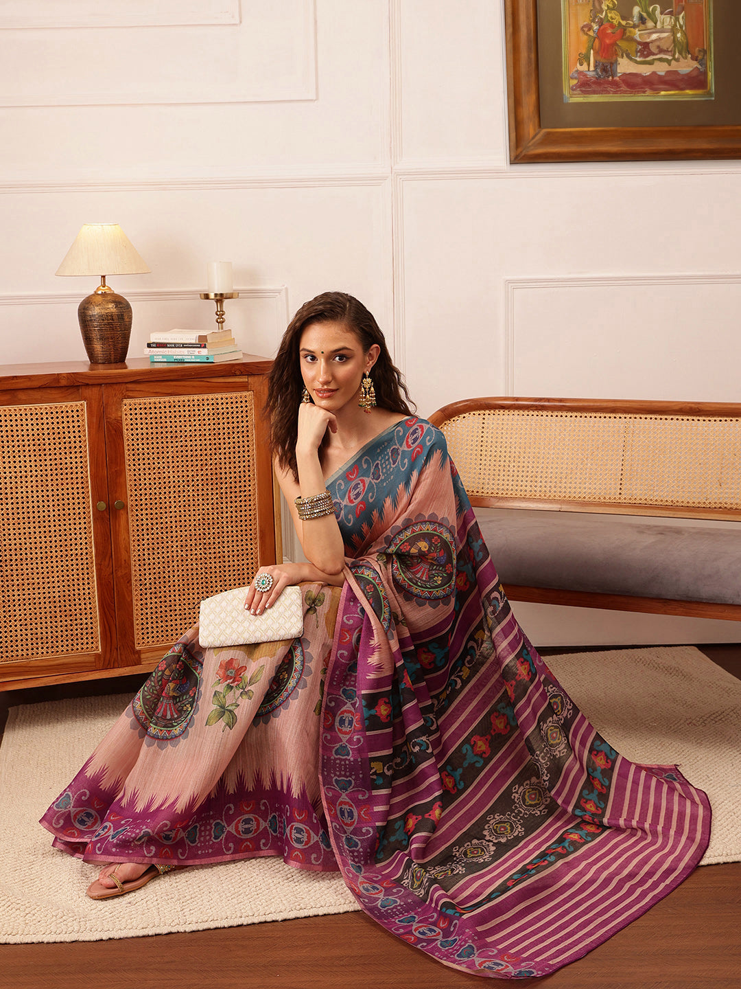Hiral Fashion Beige Banarasi Silk Cotton Floral Digital Print Saree | Grocsy