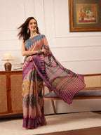 Hiral Fashion Beige Banarasi Silk Cotton Floral Digital Print Saree | Grocsy