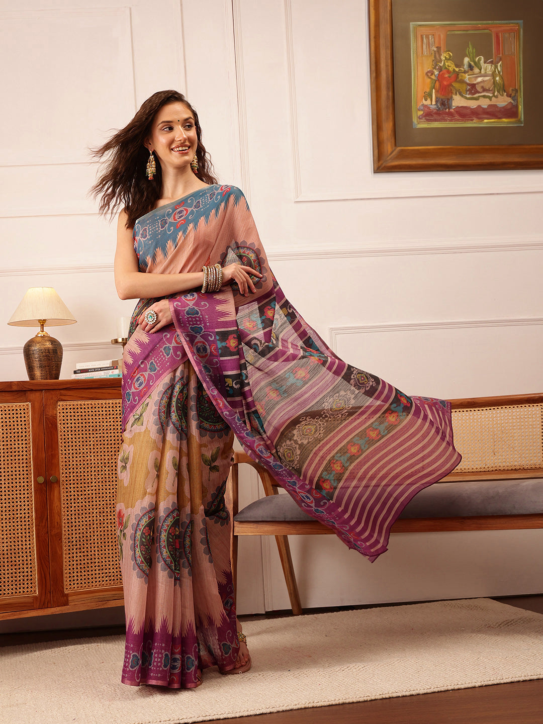 Hiral Fashion Beige Banarasi Silk Cotton Floral Digital Print Saree | Grocsy