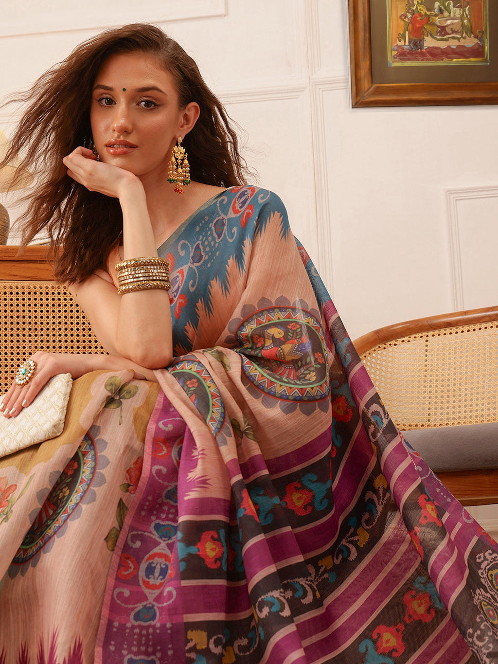 Hiral Fashion Beige Banarasi Silk Cotton Floral Digital Print Saree | Grocsy