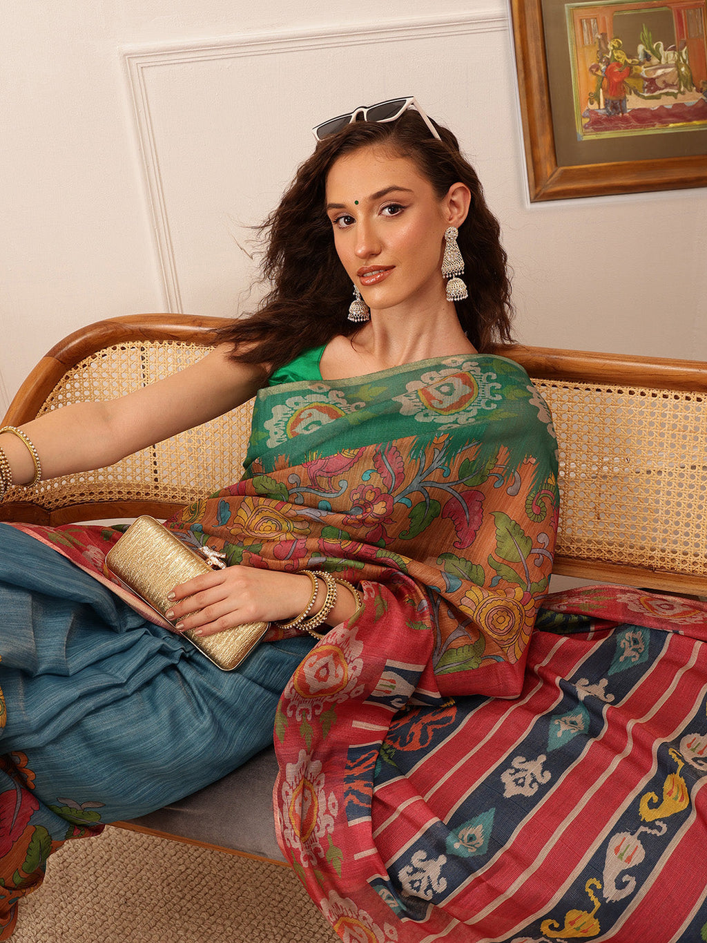 Hiral Fashion Blue Banarasi Silk Cotton Floral Digital Print Saree | Grocsy