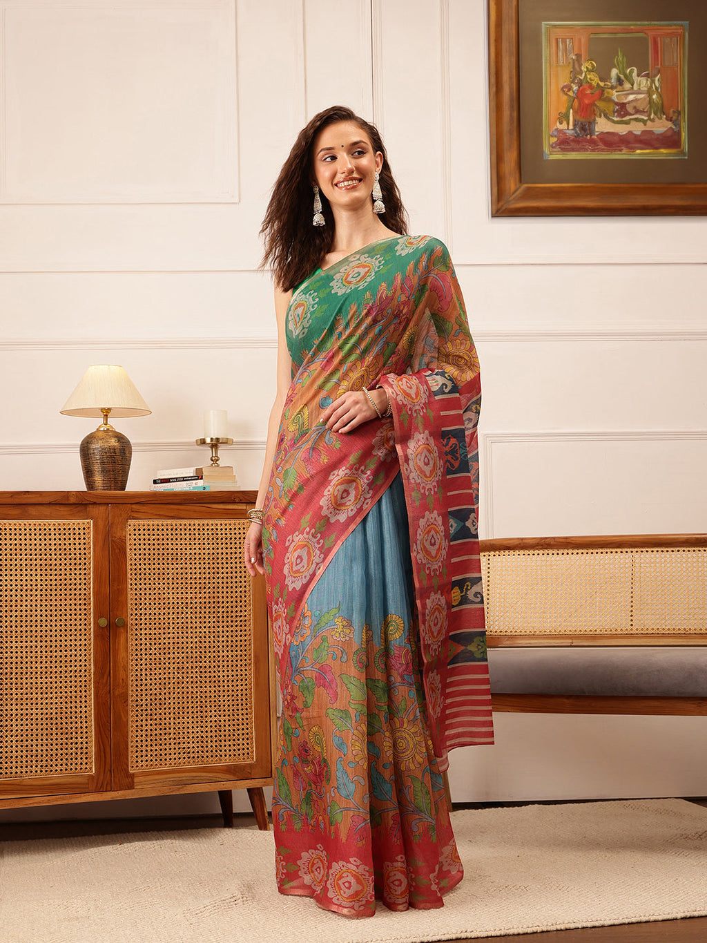 Hiral Fashion Blue Banarasi Silk Cotton Floral Digital Print Saree | Grocsy