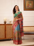 Hiral Fashion Blue Banarasi Silk Cotton Floral Digital Print Saree | Grocsy