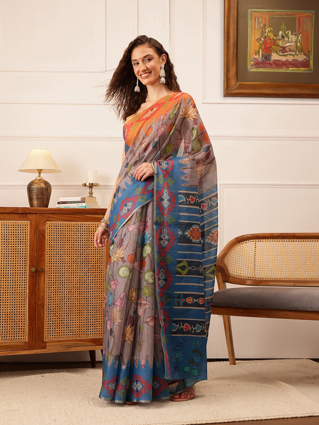 Hiral Fashion Grey Banarasi Silk Cotton Floral Digital Print Saree | Grocsy