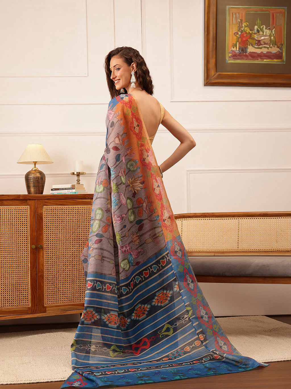 Hiral Fashion Grey Banarasi Silk Cotton Floral Digital Print Saree | Grocsy